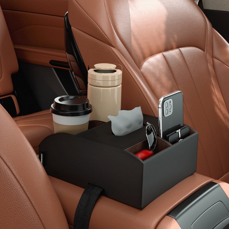Car Armrest Storage Box: Black MDF & Leather, Expand Vehicle Storage Space - Secure Adjustable Strap, Large Capacity Armrest Box Organizer for Car Truck SUV Daily Commuters Long-Distance Travelers - Image 4