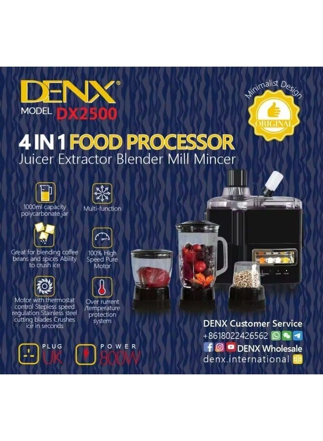 Denx 4 in 1 Food Processor And Juicer Extractor Blender Mill Mincer 800W - Image 3