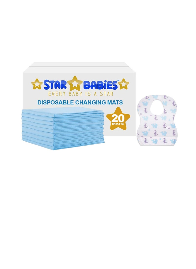 STAR BABiES Star Babies - Combo Pack of 2- Disposable Changing Mat Pack of 20 with Disposable Bibs (20 Pcs) - Blue  - Image 1