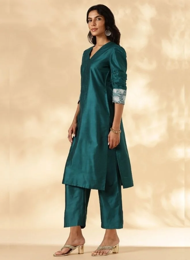Abhishti Teal Ruched-Sleeve Kurta Pant set