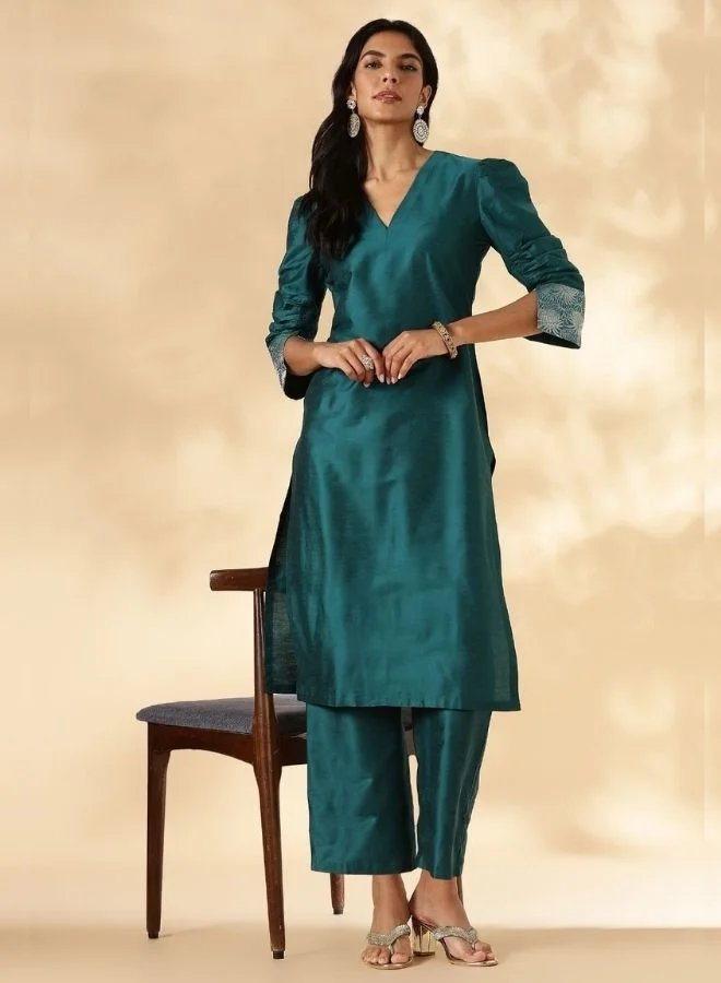 Abhishti Teal Ruched-Sleeve Kurta Pant set