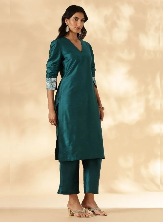 أبهشتي Teal Ruched-Sleeve Kurta Pant set