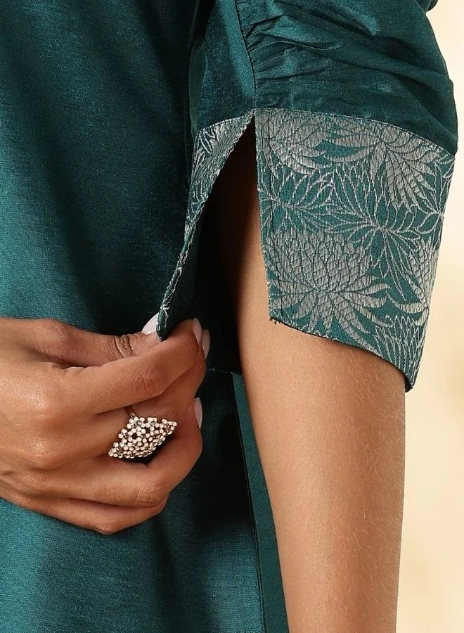 Abhishti Teal Ruched-Sleeve Kurta Pant set