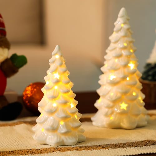HOMCDALY 2 PCS White Small Christmas Tree with Lights Mini Christmas Tree for Christmas Dcor Tabletop Xmas Tree Figurines Christmas DecorationsCeramic - Image 1