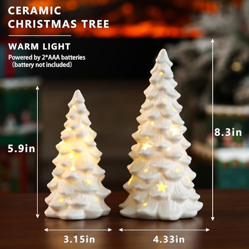HOMCDALY 2 PCS White Small Christmas Tree with Lights Mini Christmas Tree for Christmas Dcor Tabletop Xmas Tree Figurines Christmas DecorationsCeramic - Image 3