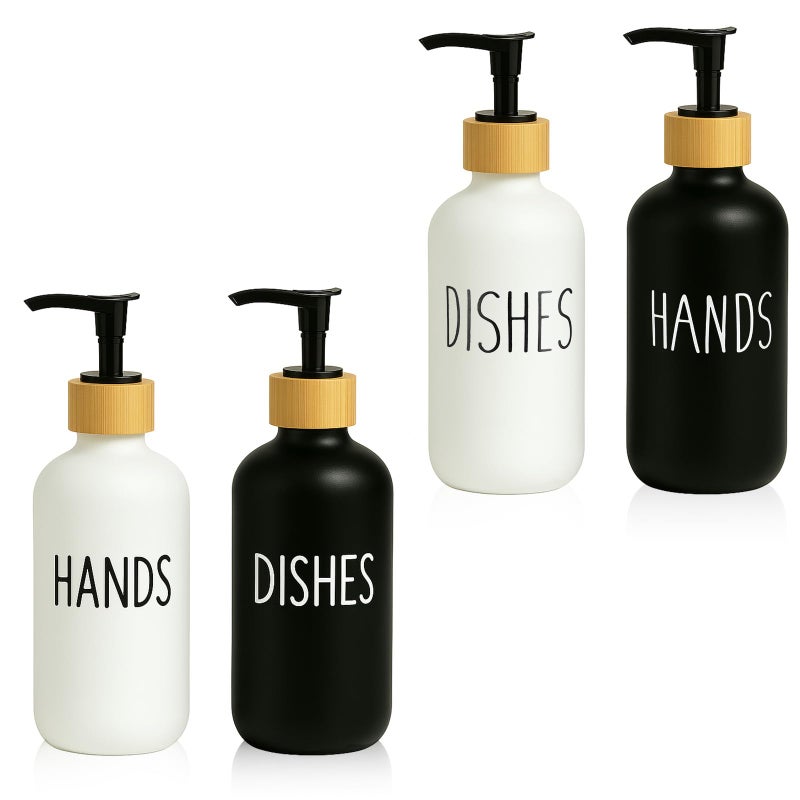 Dimeho 4 Pcs Glass Soap Dispenser for Kitchen, Hand Soap Dispenser Set Black Refillable Shampoo Conditioner White Farmhouse Decor Accessories for Kitchen Bathroom