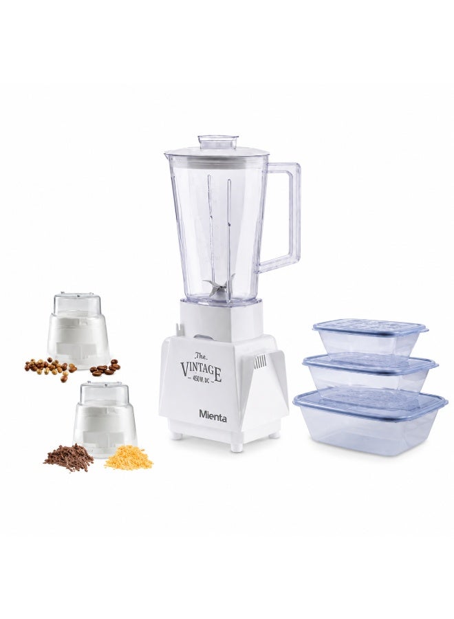 Mienta The Vintage Blender, 450W, 1.25L Capacity, with Grinder, Grater & 3 Plastic Containers