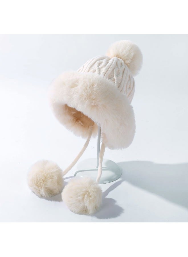 Huamulan Women Winter Peruvian Cover Ears Beanie Hat Ear Flaps Sherpa Ski Snow Hats Knit Fleece Lined 3 Pom Pom, A3-m1399-naibai, One size - Image 2