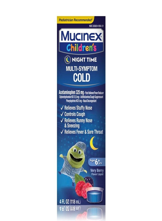 MUCINEX Cold, Cough, and Fever, Mucinex Children's Multi-Symptom, Night Time Cold Liquid, Mixed Berry, 4oz, Reduces Fever, Controls Cough, Relieves Stuffy Nose - Image 1