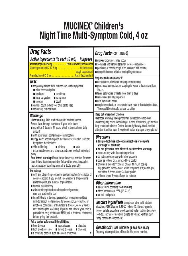 MUCINEX Cold, Cough, and Fever, Mucinex Children's Multi-Symptom, Night Time Cold Liquid, Mixed Berry, 4oz, Reduces Fever, Controls Cough, Relieves Stuffy Nose - Image 3
