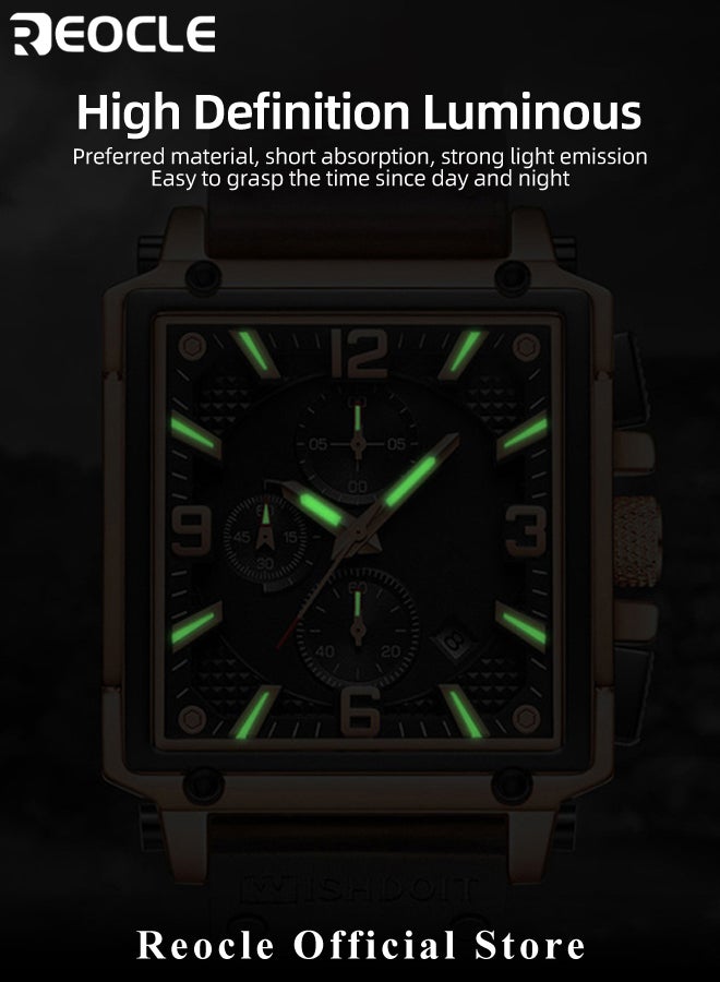 ريوكل ساعة كوارتز للرجال بمينا مربعة وحزام جلدي وعقارب مضيئة ومقاومة للماء للاستخدام اليومي، ساعة يد عسكرية عسكرية كرونوغراف رياضية للأعمال - Image 4