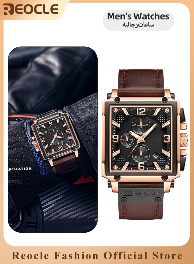 ريوكل ساعة كوارتز للرجال بمينا مربعة وحزام جلدي وعقارب مضيئة ومقاومة للماء للاستخدام اليومي، ساعة يد عسكرية عسكرية كرونوغراف رياضية للأعمال - Image 1