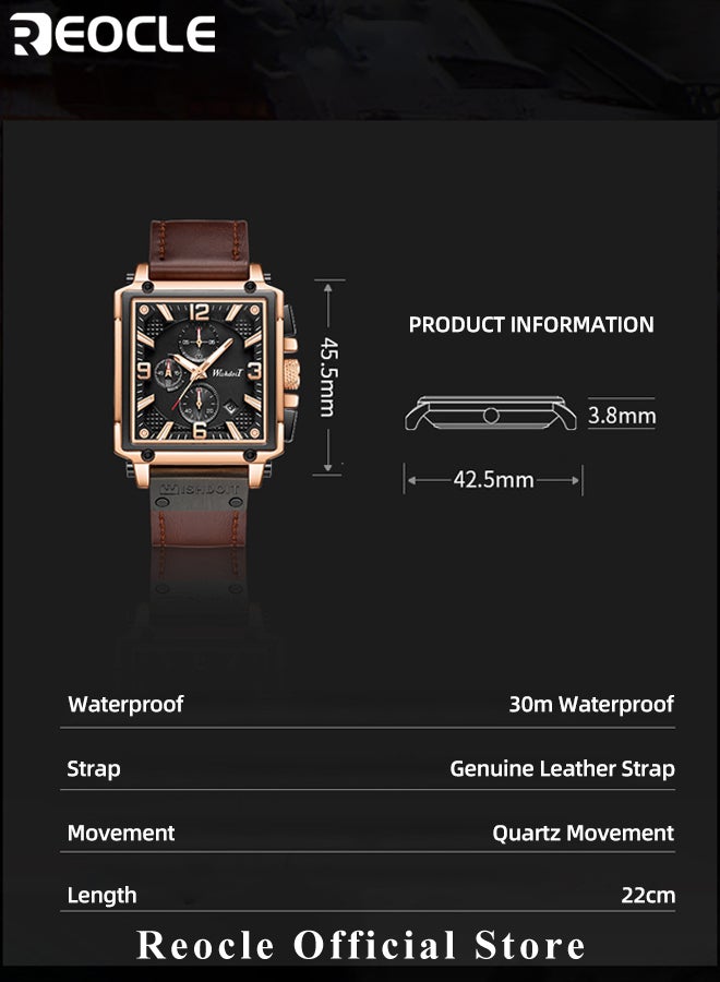 ريوكل ساعة كوارتز للرجال بمينا مربعة وحزام جلدي وعقارب مضيئة ومقاومة للماء للاستخدام اليومي، ساعة يد عسكرية عسكرية كرونوغراف رياضية للأعمال - Image 5