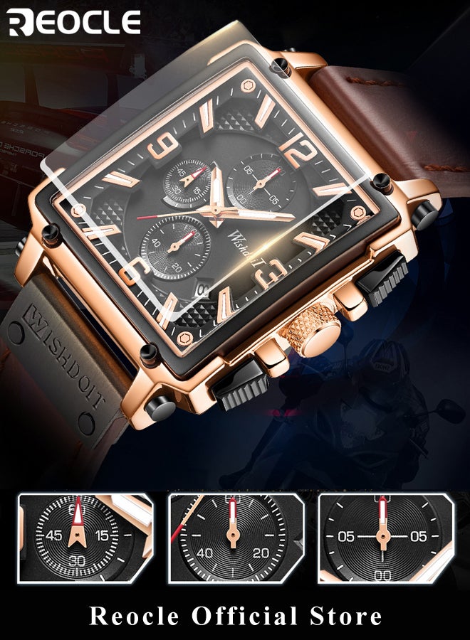 ريوكل ساعة كوارتز للرجال بمينا مربعة وحزام جلدي وعقارب مضيئة ومقاومة للماء للاستخدام اليومي، ساعة يد عسكرية عسكرية كرونوغراف رياضية للأعمال - Image 2