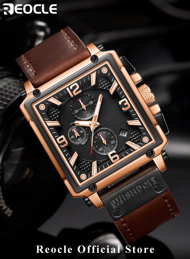 ريوكل ساعة كوارتز للرجال بمينا مربعة وحزام جلدي وعقارب مضيئة ومقاومة للماء للاستخدام اليومي، ساعة يد عسكرية عسكرية كرونوغراف رياضية للأعمال - Image 3