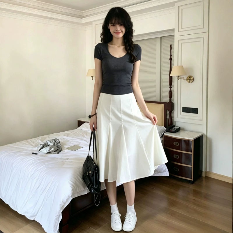 تنورة نسائية بأسلوب كوري بحواف كشكش وخصر عالي بقصة ذيل السمكة متوسطة الطول - Image 4