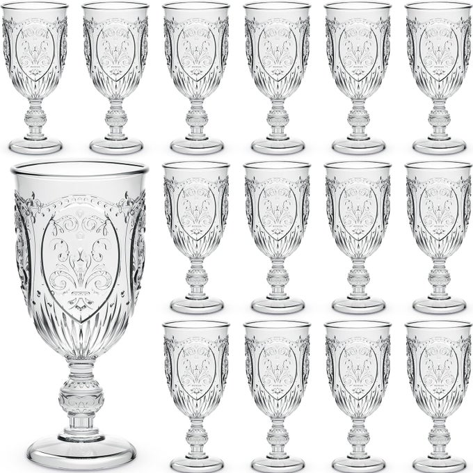 24 PCS PLASTIC GOBLETS 75OZ VINTAGE GOBLET PLASTIC WINE GLASSES COLORED RETRO EMBOSSED WATER GOBLETS FOR WINE BAR JUICE BABY SHOWER WEDDING RECEPTION GRAND EVENT PARTY CLEAR