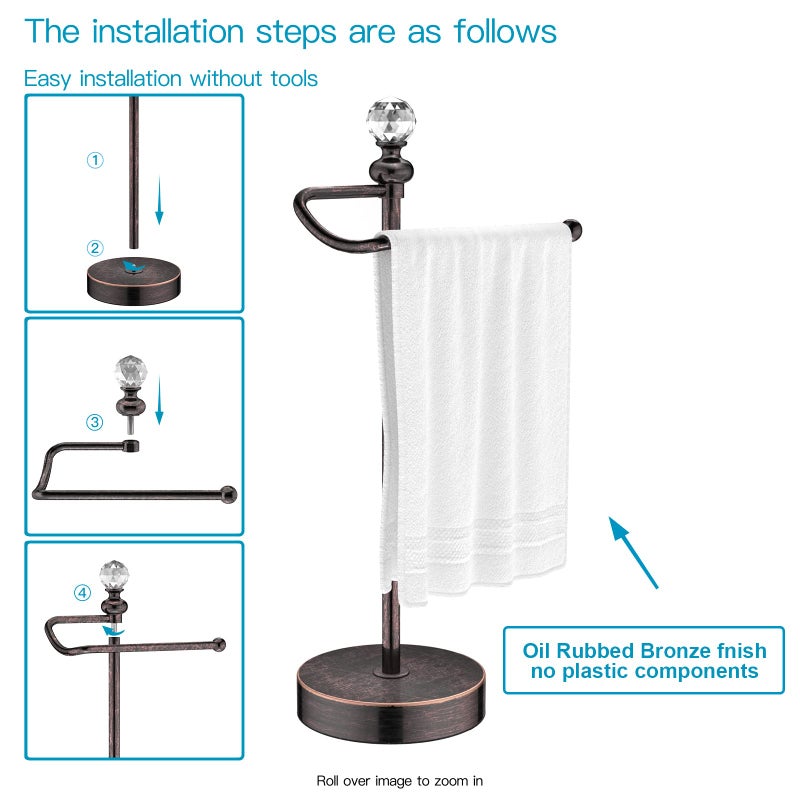 ROLABAM Heavy Weighted Hand Towel Holder(with Crystal Ball) Standing Hand Towel Holder Total Height 15.7'' for Kitchen,Bathroom,Vanity,Classic Decorative Metal Hand Towel Stand,Oil Rubbed Bronze - Image 4
