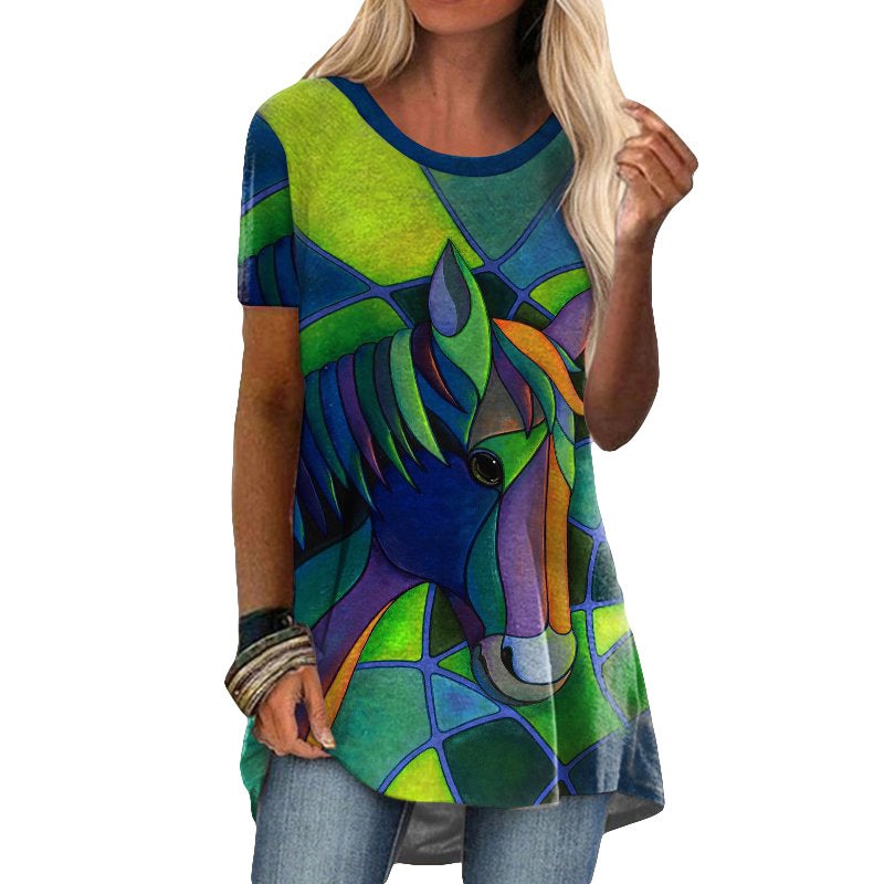 2022 cross-border new women's clothing EBAY hot-selling popular round neck casual ethnic style retro print short-sleeved T-shirt L - Image 5
