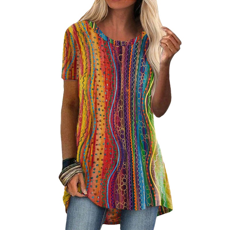 2022 cross-border new women's clothing EBAY hot-selling popular round neck casual ethnic style retro print short-sleeved T-shirt L - Image 4