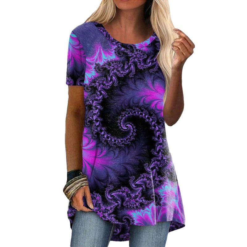 2022 cross-border new women's clothing EBAY hot-selling popular round neck casual ethnic style retro print short-sleeved T-shirt L - Image 3
