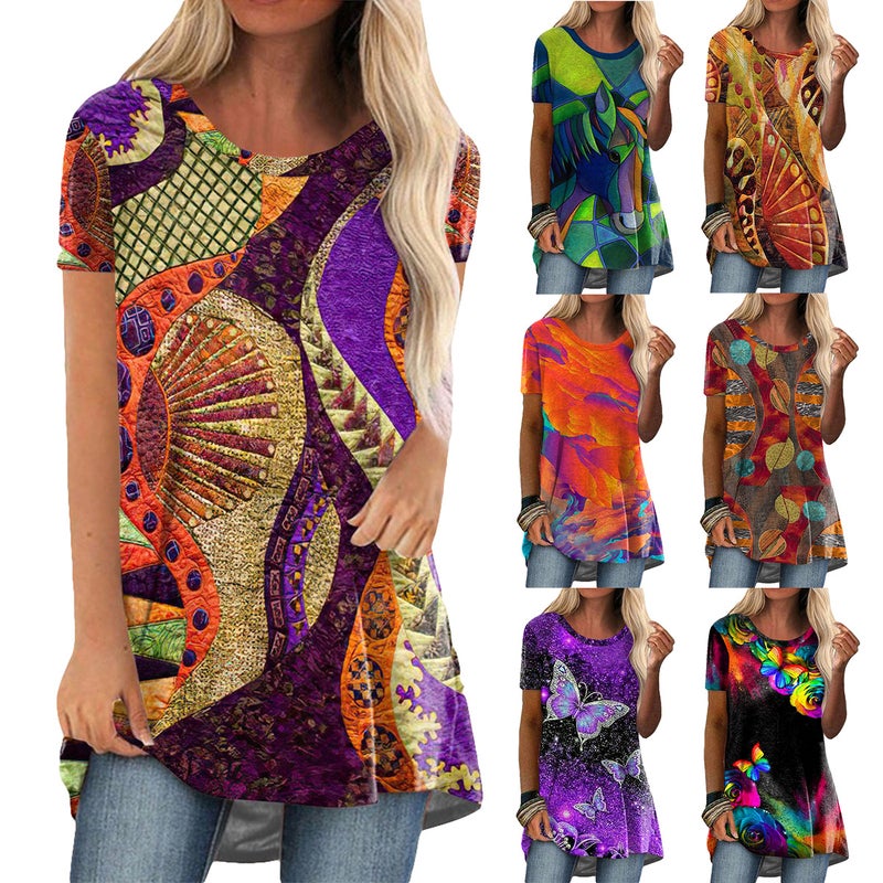 2022 cross-border new women's clothing EBAY hot-selling popular round neck casual ethnic style retro print short-sleeved T-shirt L - Image 2