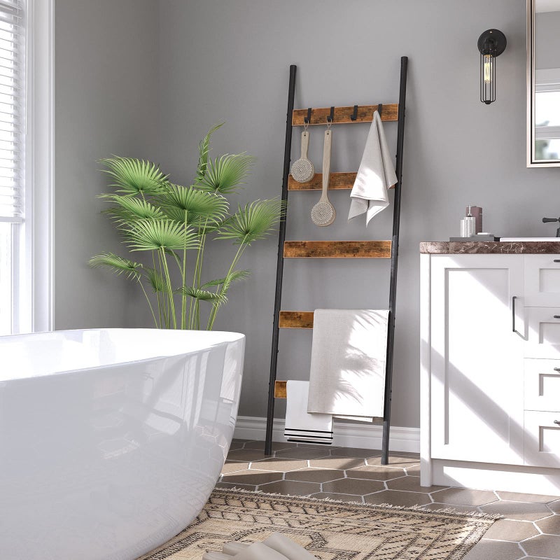 HOOBRO سلم البطانيات HOOBRO، رف مناشف 5 طبقات مع خطافات، رف بطانيات مائل للجدار، رف عرض زخرفي، للأوشحة، صناعي، غرفة المعيشة، غرفة النوم، بني ريفي وأسود BF52CJ01 - Image 4