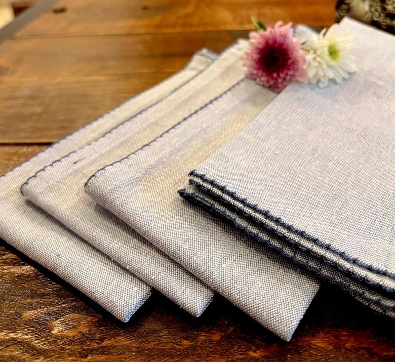 Rustique Linens Set of 6 Grey Cotton Napkins Sustainable and Recycled Highly Absorbent with Unique Edge Trim Rustic Feel Soft Fabric Large Size Machine Washable