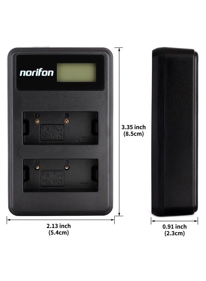 Norifon شاحن USB LCD مزدوج القناة NP-W126 لكاميرات فوجي فيلم FinePix HS30، FinePix HS30EXR، FinePix HS33EXR، FinePix HS35EXR، FinePix HS50EXR، X-A1، X-E1، X-E2، X-M1، X-Pro1، X-T1، X-T10 والمزيد - Image 3