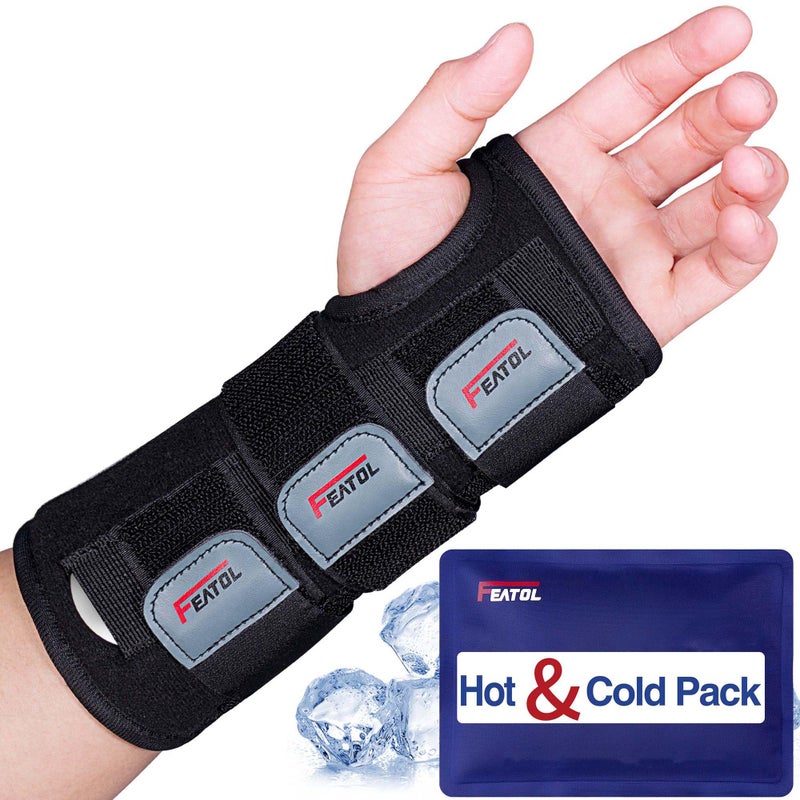FEATOL Wrist Brace Carpal Tunnel Night Support Brace with Wrist Splint Adjustable Straps HotIce Pack for Women and Men Left Hand SmallMedium Tendinitis Arthritis Pain Relief