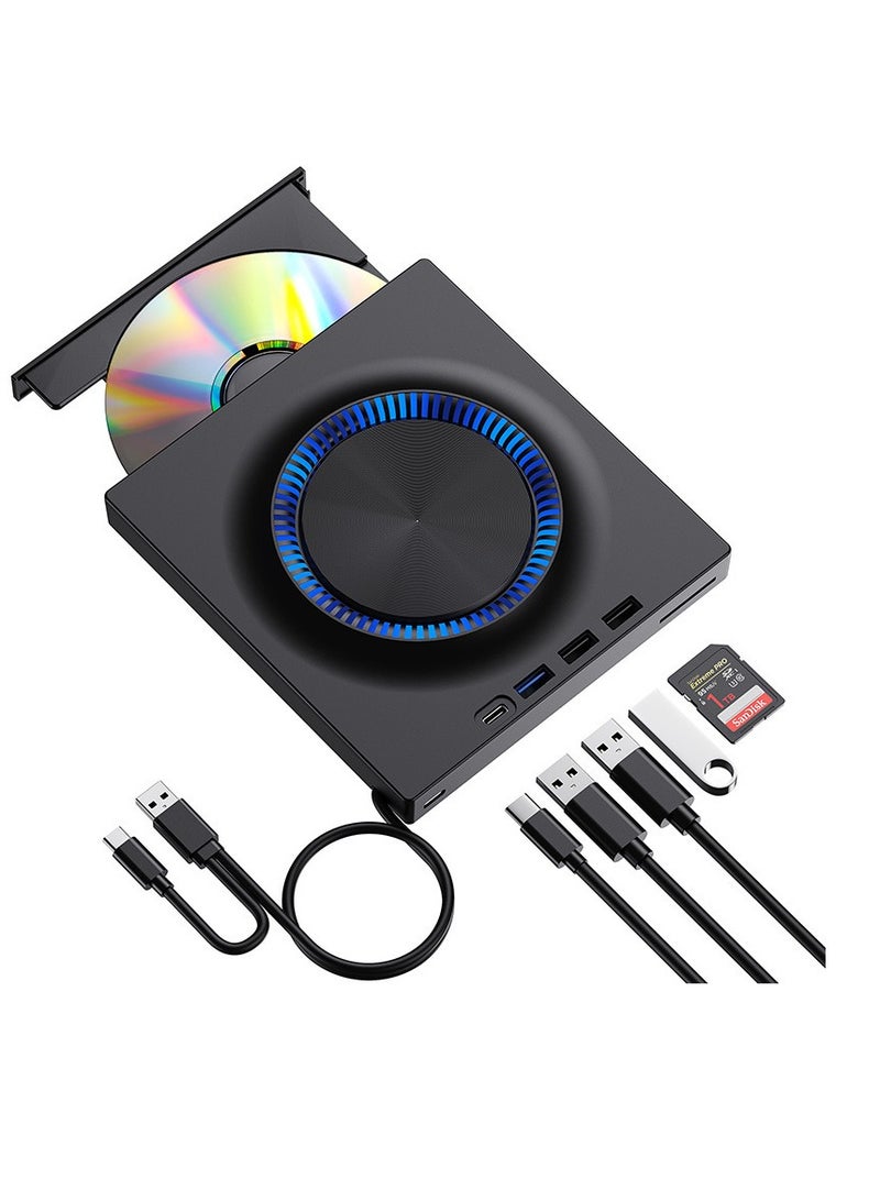 External DVD drive, CD burner, DVD player with USB 3.0 and USB-C hubs and SD card reader, portable DVD, CD ROM +/-RW drive, portable CD drive for laptops and Macs - Image 1