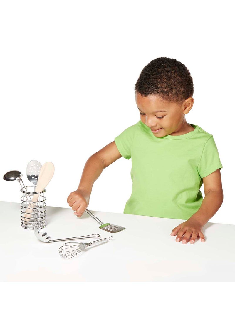 Melissa & Doug Stir and Serve Cooking Utensils 7 Piece - Stainless Steel and Wood Childrens Play Cookware for Kids Kitchen Ages 3+ - Image 2