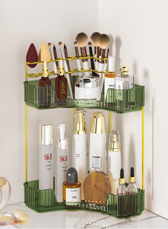 SUNZOS Bathroom Counter Organizer, Corner Vanity Cosmetic Storage with Makeup Brush Holder, Countertop Organizers for Dresser (2 Tier, Green) - Image 1