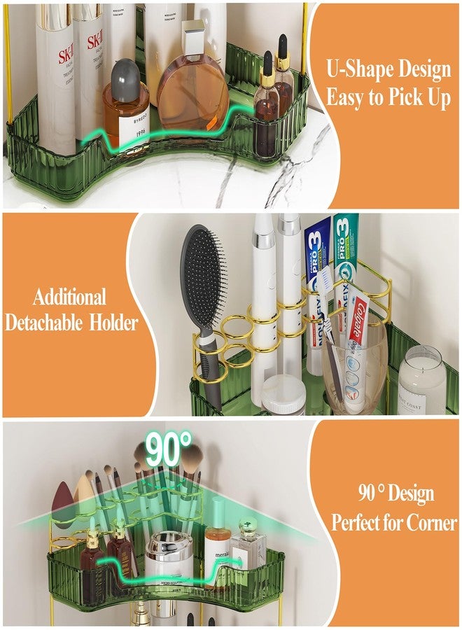 SUNZOS Bathroom Counter Organizer, Corner Vanity Cosmetic Storage with Makeup Brush Holder, Countertop Organizers for Dresser (2 Tier, Green) - Image 3