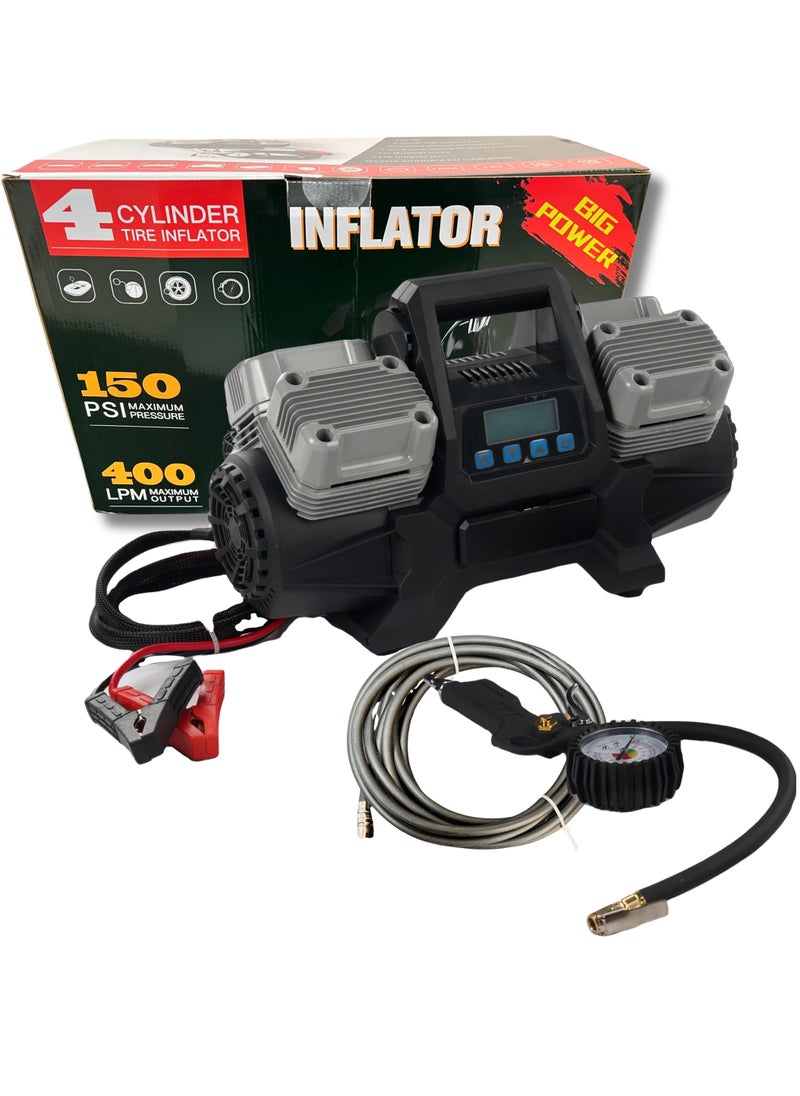 Golden Camel - Golden Camel 4-Cylinder High Power Portable Car Air Compressor, 150 PSI, with 7m Rubber Hose, DC 12V for Cars, Bikes, and Tractors, Grey & Black - Image 1