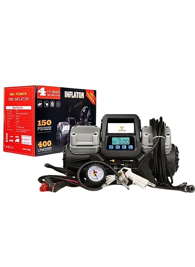 Golden Camel - Golden Camel 4-Cylinder High Power Portable Car Air Compressor, 150 PSI, with 7m Rubber Hose, DC 12V for Cars, Bikes, and Tractors, Grey & Black - Image 1
