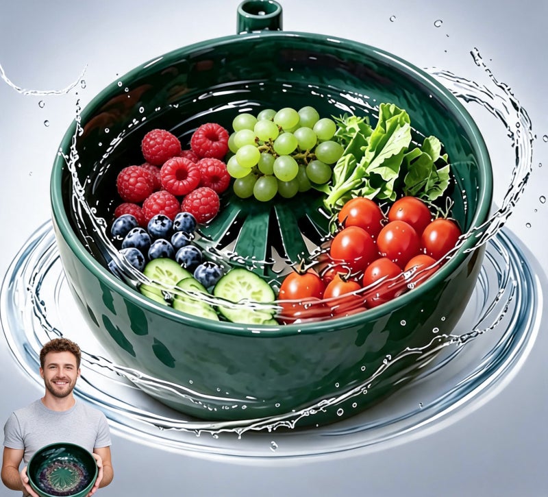Self Spinning Fruit Washer Green 10.5-Inch Ceramic Hands-Free Cleaning - Gentle No Bruise Berry Washing Bowl for Home Kitchen Home Cooks - Image 2