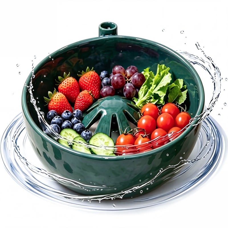 Self Spinning Fruit Washer Green 10.5-Inch Ceramic Hands-Free Cleaning - Gentle No Bruise Berry Washing Bowl for Home Kitchen Home Cooks - Image 1
