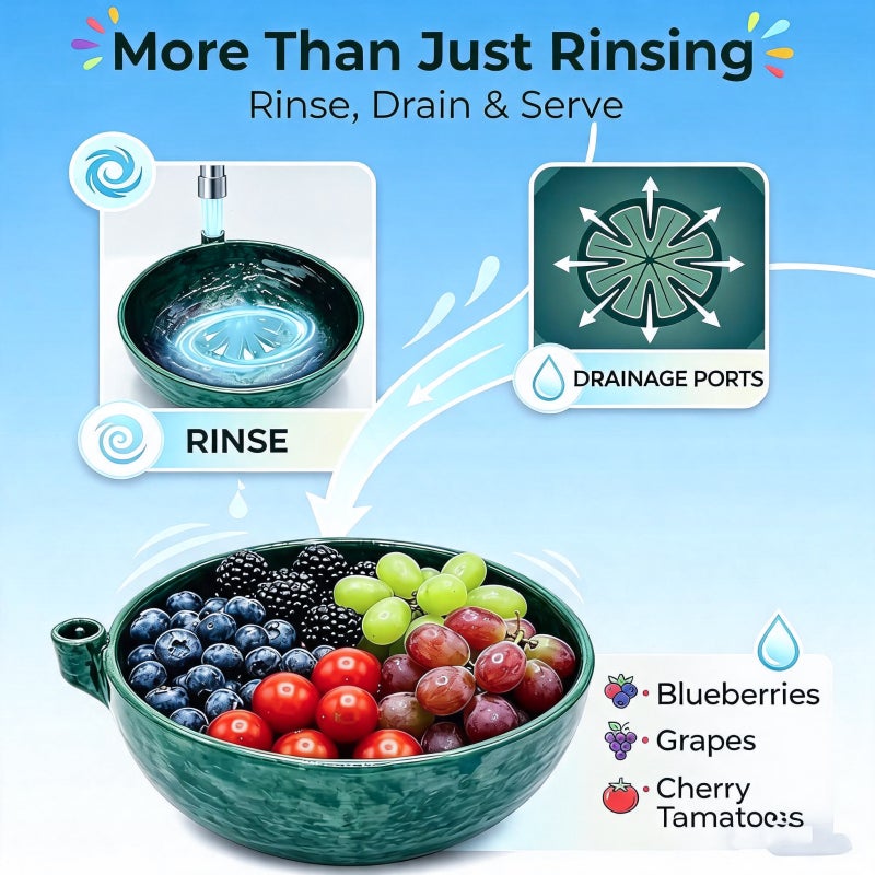 Self Spinning Fruit Washer Green 10.5-Inch Ceramic Hands-Free Cleaning - Gentle No Bruise Berry Washing Bowl for Home Kitchen Home Cooks - Image 4