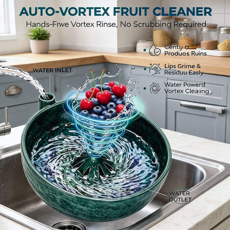 Self Spinning Fruit Washer Green 10.5-Inch Ceramic Hands-Free Cleaning - Gentle No Bruise Berry Washing Bowl for Home Kitchen Home Cooks - Image 3
