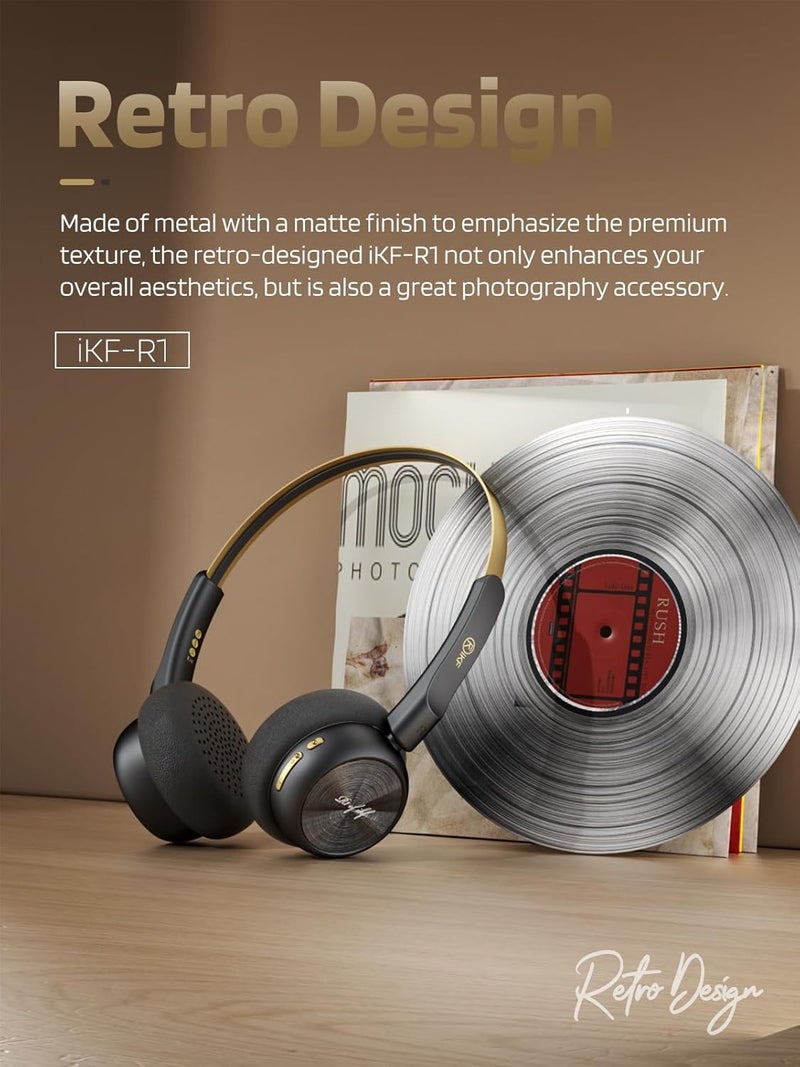 iKF-R1 Retro Headphones Bluetooth 5.4 Hi-Fi Sound Custom EQ via App 60H Playtime Comfortable Fit Multipoint Connection Lightweight Vintage Headphones (Black Gold) - Image 2