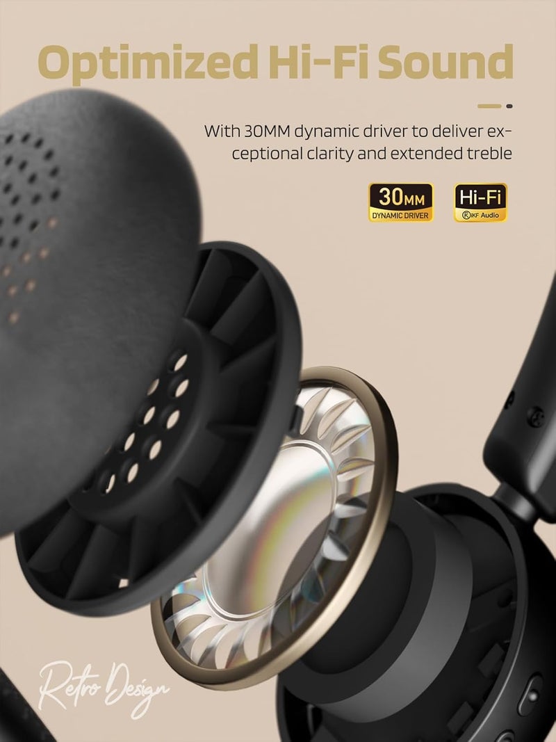 iKF-R1 Retro Headphones Bluetooth 5.4 Hi-Fi Sound Custom EQ via App 60H Playtime Comfortable Fit Multipoint Connection Lightweight Vintage Headphones (Black Gold) - Image 5