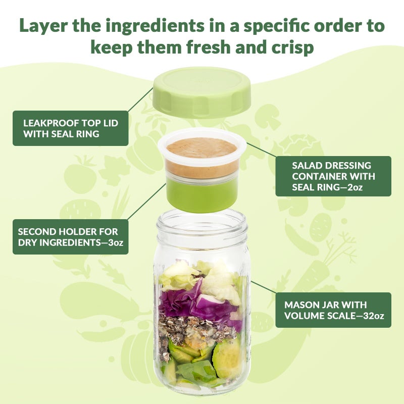 SOLIGT 4 Pack Glass Salad Jars with Lids Meal Prep, Leakproof Container for Lunch, with Wet/Dry Separation Cups, 32oz Mason Jars (Pink/Orange/Sky Blue/Olive Green) - Image 2