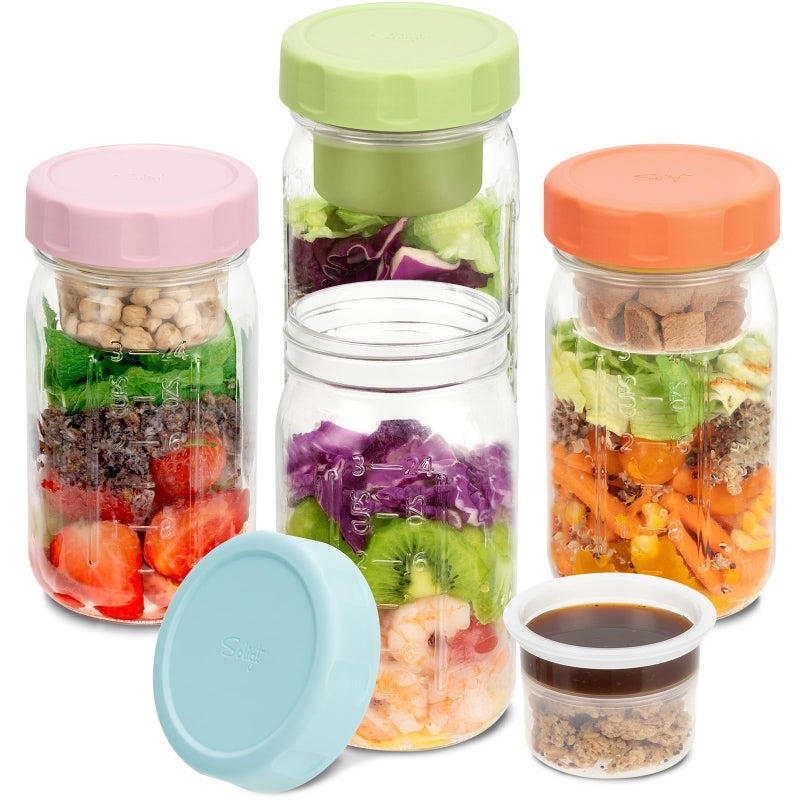 SOLIGT 4 Pack Glass Salad Jars with Lids Meal Prep, Leakproof Container for Lunch, with Wet/Dry Separation Cups, 32oz Mason Jars (Pink/Orange/Sky Blue/Olive Green) - Image 1
