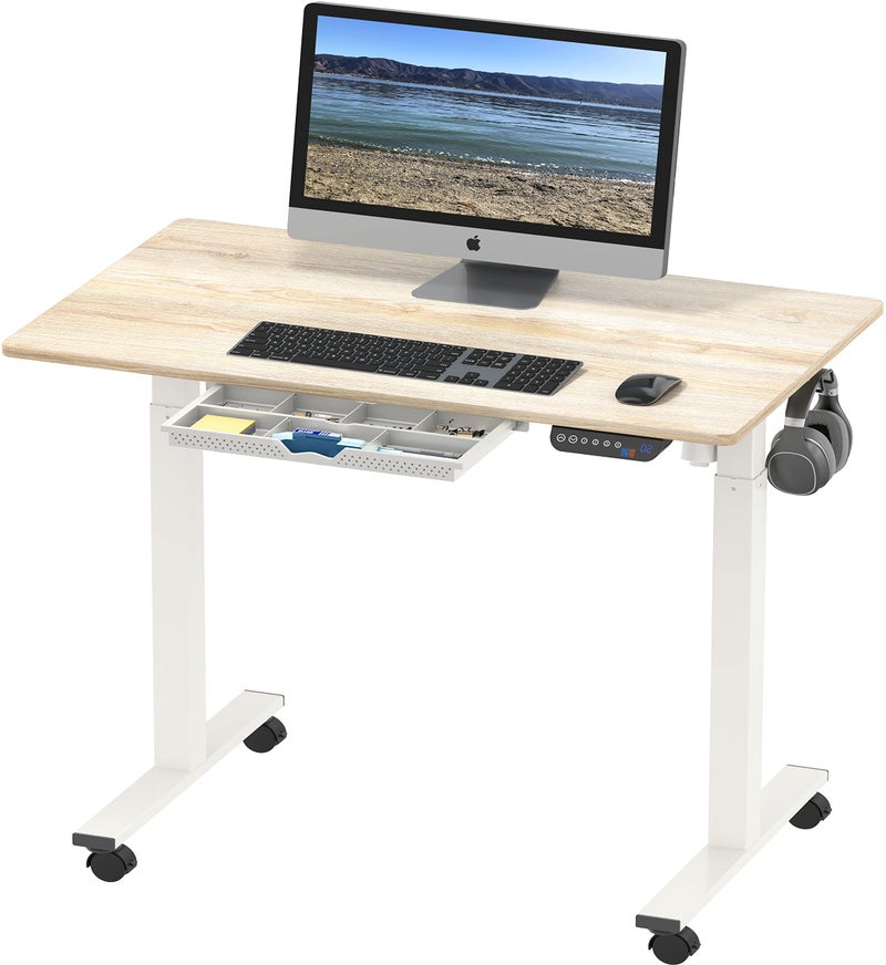 SHW 40Inch Mobile Electric Height Adjustable Sit to Stand Desk with Drawer Hanging Hooks and Cable Management White