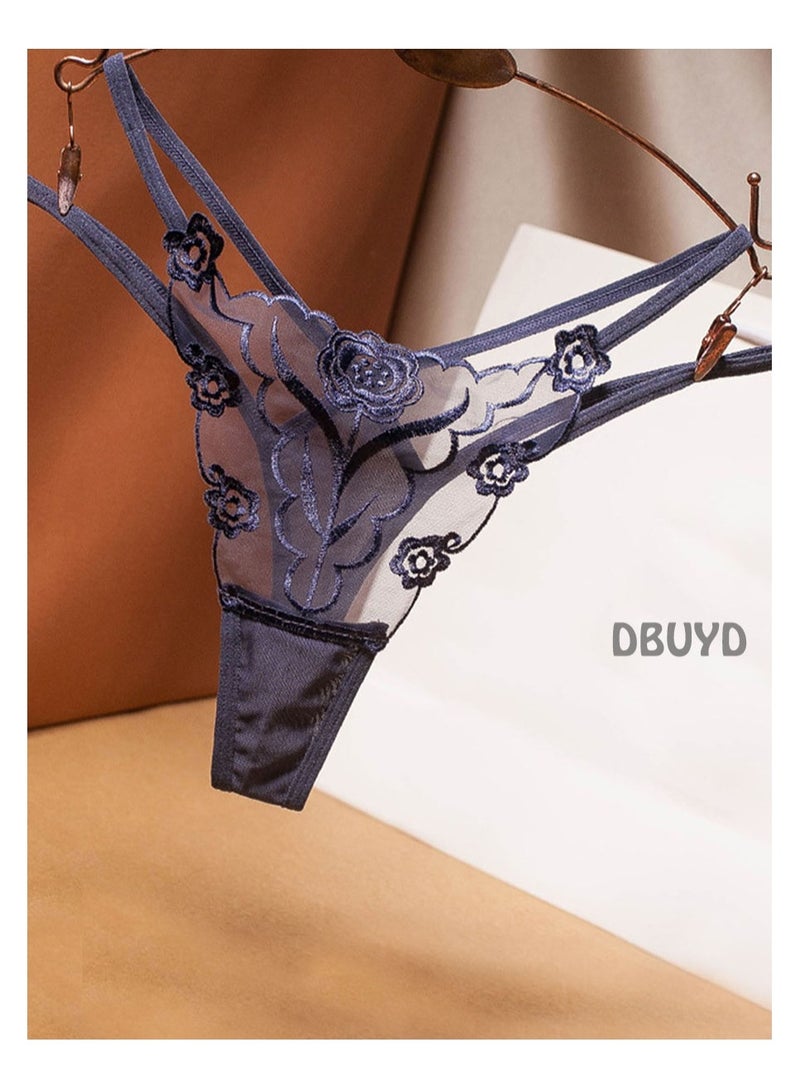 Temptatious Floral Embroidered Double Lacing Women's Thong Transparent Mesh Thin Strap Seamless Underwear Hot T-Pants  - Image 1