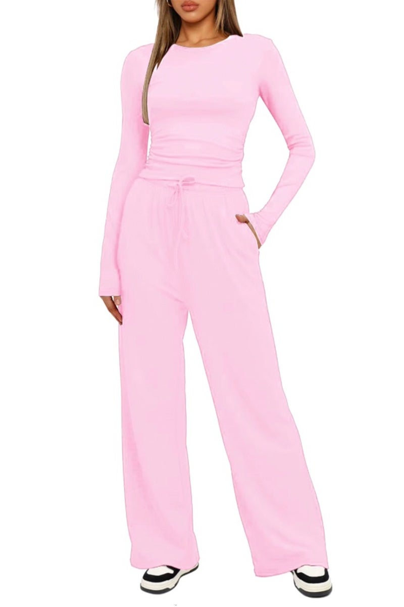 SOLOBUY Pyjamas Set Jersy Women's Long-Sleeved, Elastic Waist, Collar Round, Pants, Color Pink - Image 1