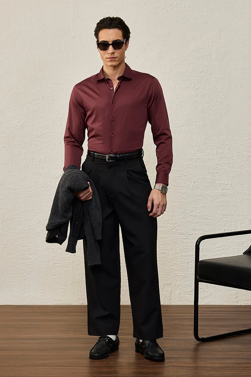SNITCH Burgundy Solid Long Sleeve Regular Fit Luxe Shirt