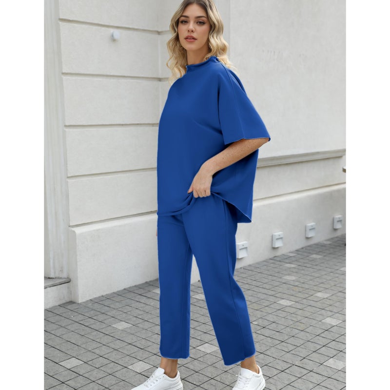 SeeLuNa Women's Two Piece Outfits 3/4 Batwing Sleeve Capelet Crew Neck Pullover Top Wide Leg Pants Lounge Set(Dark-Blue,XL) - Image 4