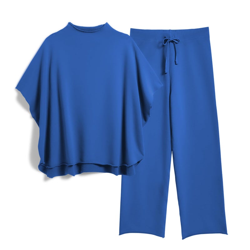 SeeLuNa Women's Two Piece Outfits 3/4 Batwing Sleeve Capelet Crew Neck Pullover Top Wide Leg Pants Lounge Set(Dark-Blue,XL) - Image 1